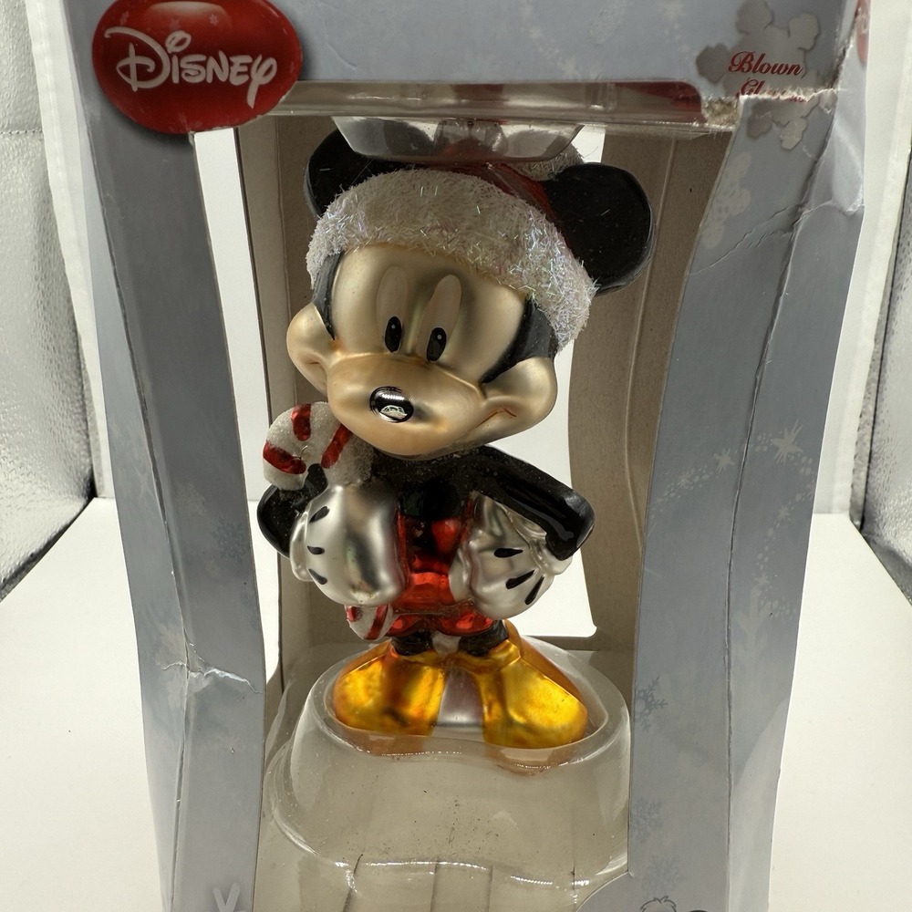 Vintage Disney Blown Glass Holiday Ornament Mickey Mouse Candy Cane Kmart‎ NEW